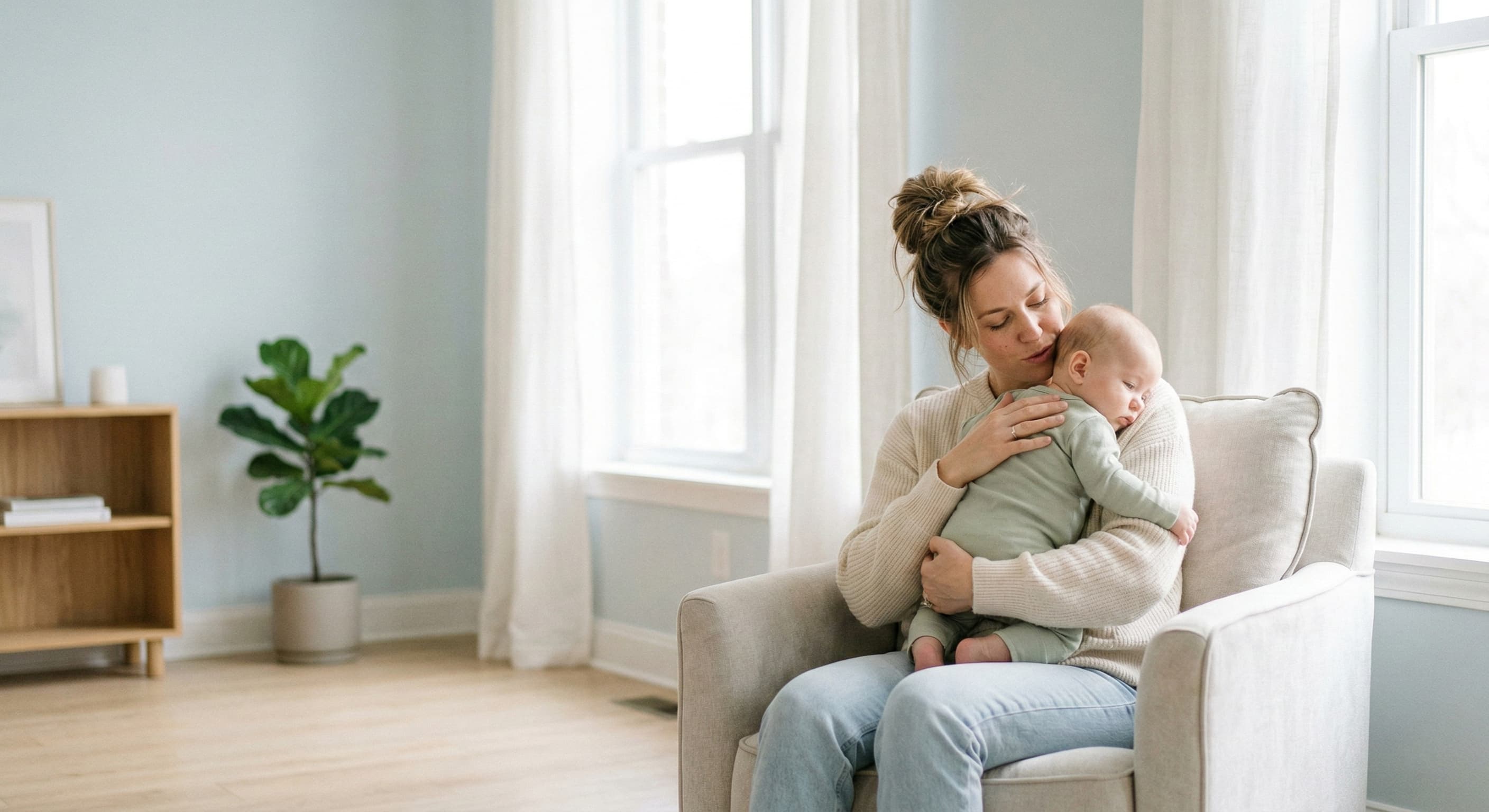 A parent holding a sleeping baby in a calm, bright living room