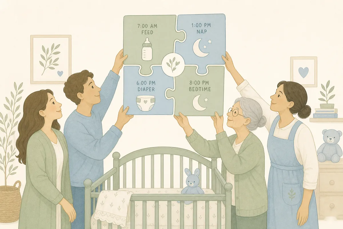 Four caregivers around a crib, a mother, a father, a grandmother, and a nanny, each holding up one puzzle piece, the four pieces meeting above the crib to form the baby's shared daily timeline