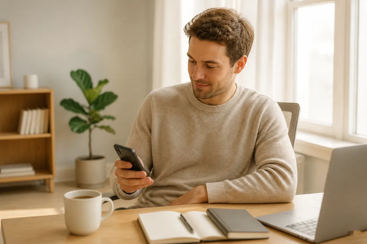 A parent at a desk in warm afternoon light, glancing at a phone showing the baby's day, a coffee mug and notebook beside her