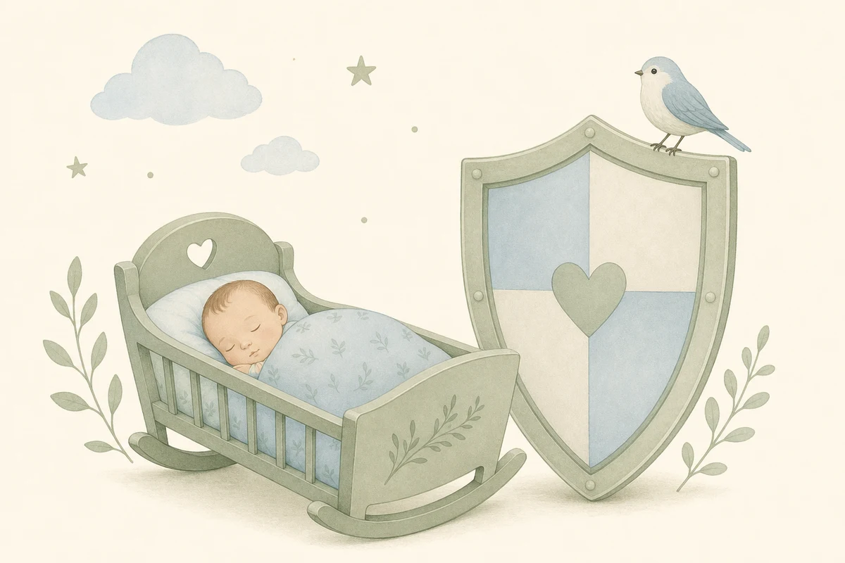 Illustration of a large soft shield sheltering a sleeping baby in a cradle while grey data points drift away outside it, a calm stork standing watch