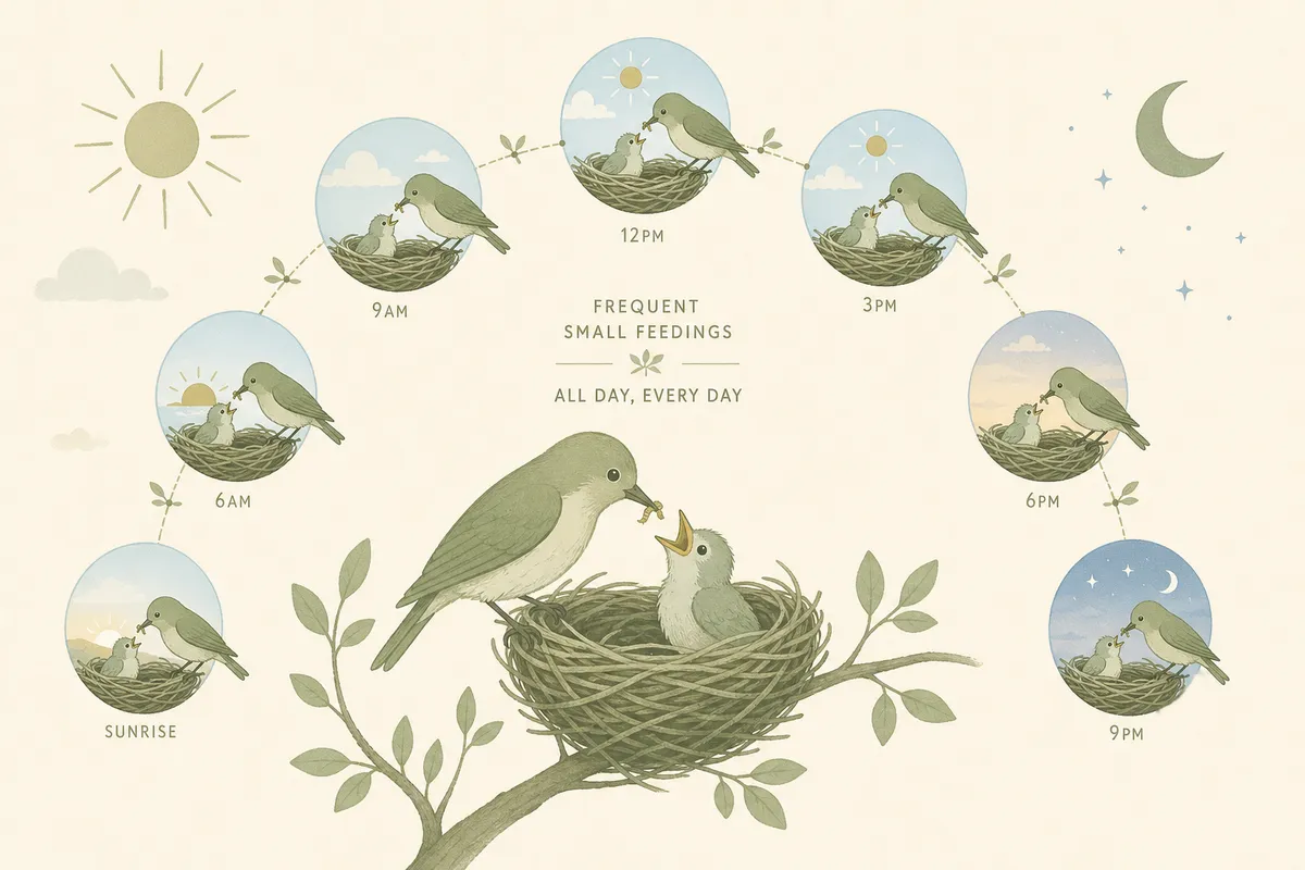 Flat illustration of a nest with a baby bird being fed small meals through the day by a parent bird, with a sun and moon arc showing frequent feedings from morning to night