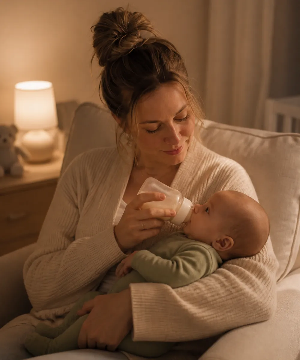Warm photo-style image of a parent bottle-feeding a newborn in a dim nursery at night, lit by a soft lamp, the baby looking up while the parent holds the bottle low and calm